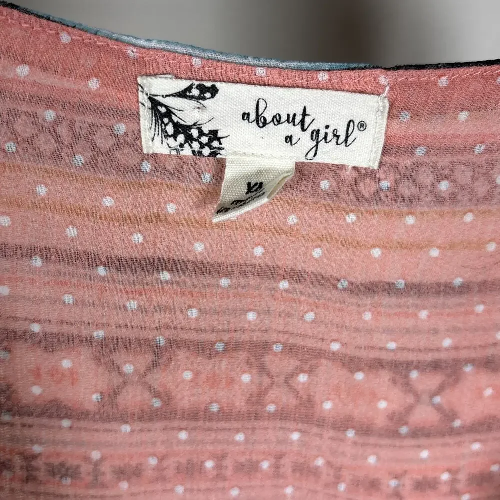 About a Girl Layered Boho Aztec Peach Polka Dot Pom Pom Hem Tank Striped Sz XS - Picture 2 of 8